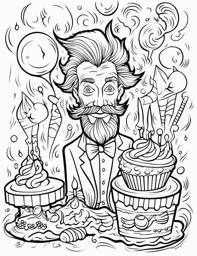 Happy birthday Dr. Seuss coloring page, in the style of line drawings, printmaking 24:31
