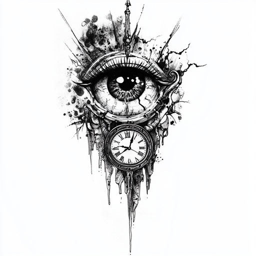 Men's inner bicep tattoo with surreal eye and melting clock