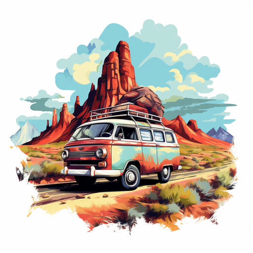 Road trip clip art in the style of Oil painting, on a white background