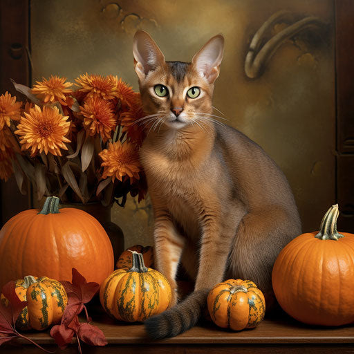 Abyssinian cat relaxing with pumpkins