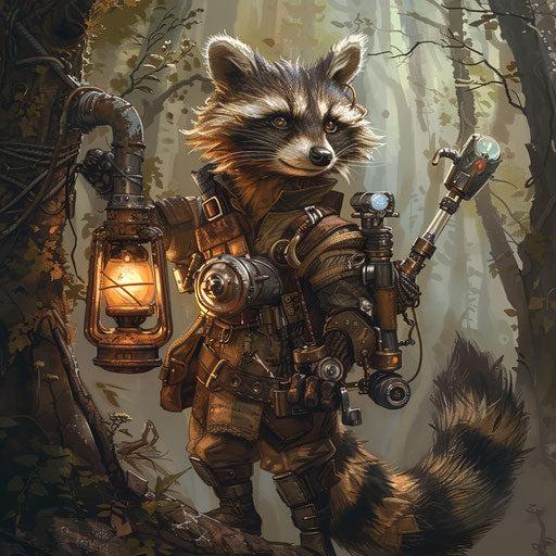 Steampunk raccoon inventor showcasing their latest creation
