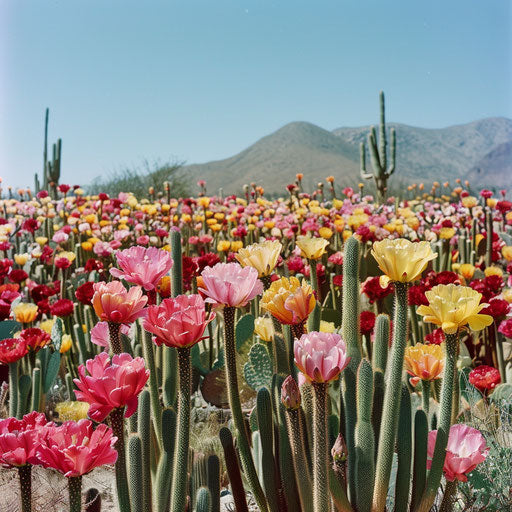 Field of blooming cacti under a clear blue sky