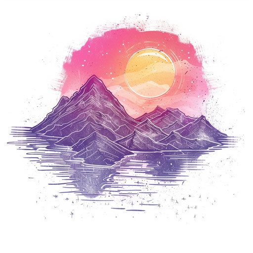 Flat tattoo sketch of a mountain range with a pride-colored sunrise