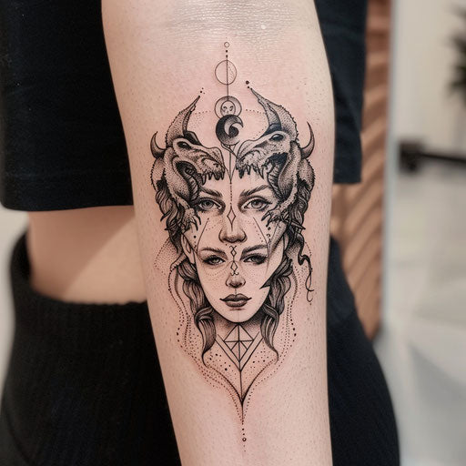 Friendship tattoos in the style of David Palumbo with dark, mythical symbols
