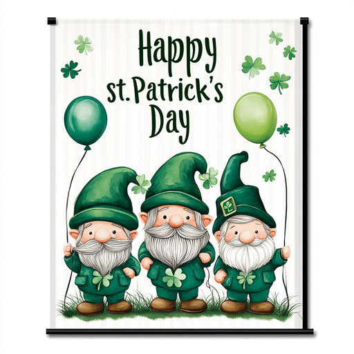 Garden flag with three cute St. Patrick's Day gnomes