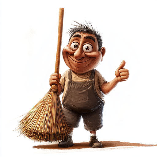 Humorous caricature of a broom with human characteristics