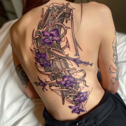 Biomechanical lilac tattoo with integrated mechanical parts