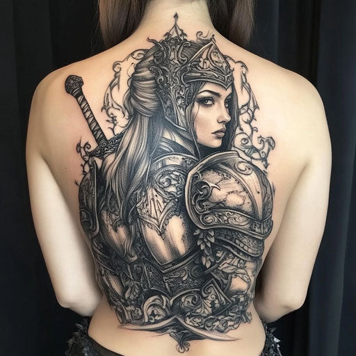 Back tattoo woman inspired by Glenn Fabry fierce warrior armor
