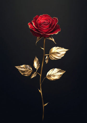 Red rose with golden leaves, fantasy art on dark background