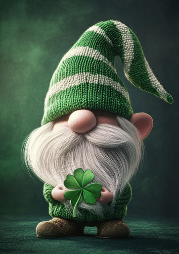 Saint Patrick's Day hat, cute gnome with white beard and green-striped hat holding clover leaf.