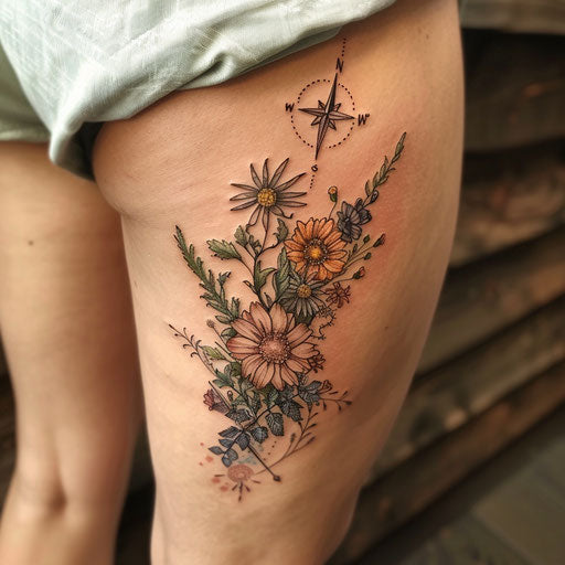 Wildflower tattoo with compass, earthy tones, adventure theme, intricate details