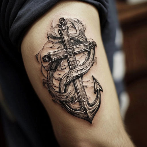 Christian tattoos for men with intertwined cross and anchor on bicep in the style of Maria Sibylla Merian