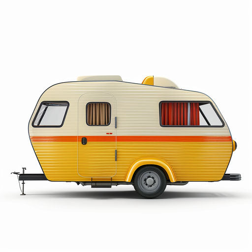 Realistic camper clipart on flat white background, high contrast and soft shadows