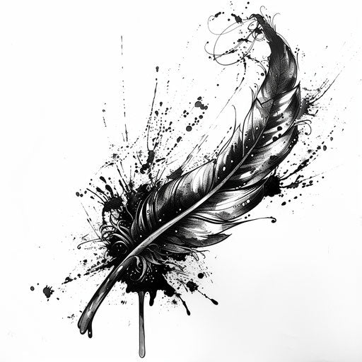 Feather quill with ink drops, in monochrome