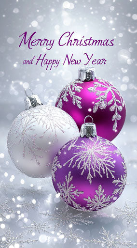 Merry Christmas and Happy New Year Decorative white and purple detail on silver background