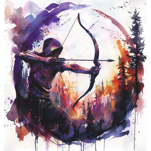 Bow and arrow hunting in vibrant watercolor wilderness