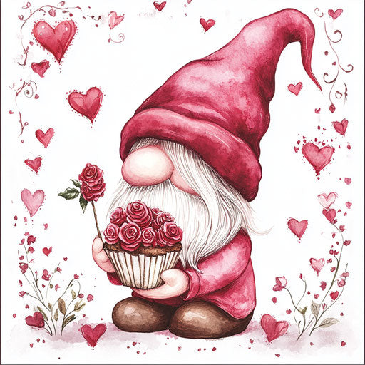 Valentine's Day Gnome with roses and hearts holding a cupcake