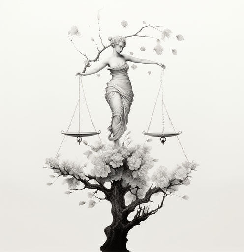Black and white drawing of scales, life force style, contrasting balance, delicate floral depictions