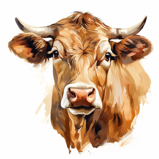 Cow head clipart in the style of oil painting, on a white background