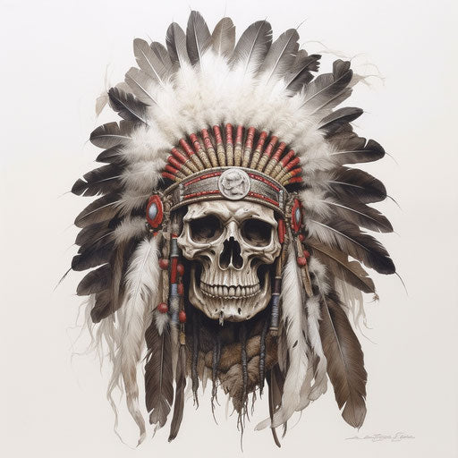 Indian skull hand drawn portrait in feathers