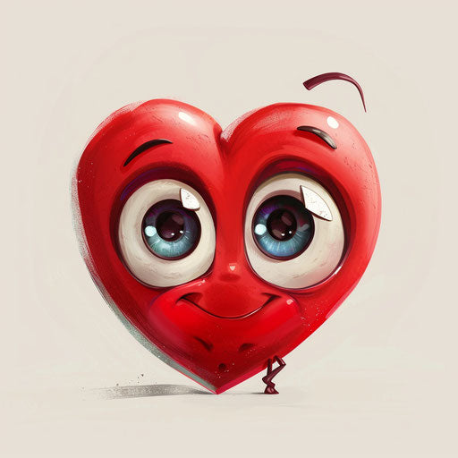 Red heart cartoon character drawing, shiny eyes style