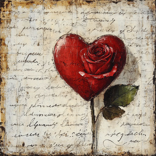 Red heart and rose on vintage love letters