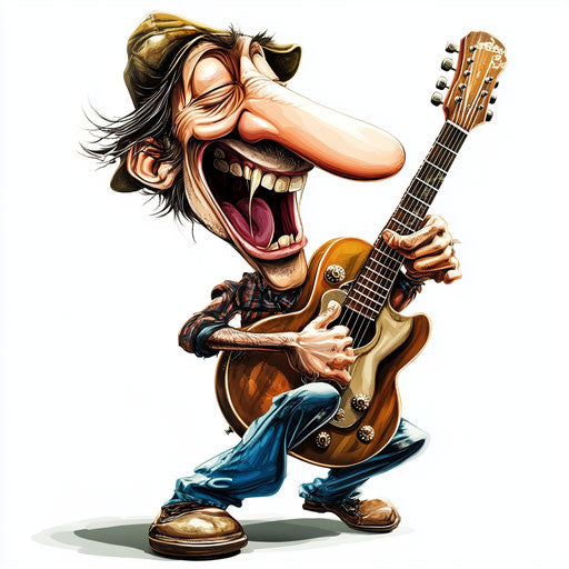 Humorous caricature of a guitar with human characteristics