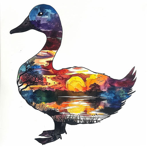 Duck silhouette with sunset scene, colorful tattoo design on white background