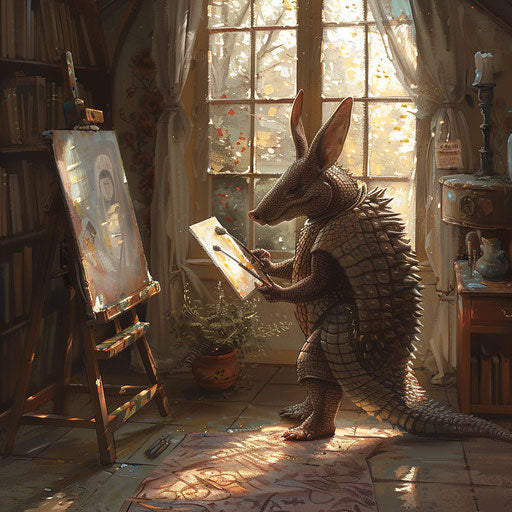 Armadillo painter creating a masterpiece in a sunlit studio