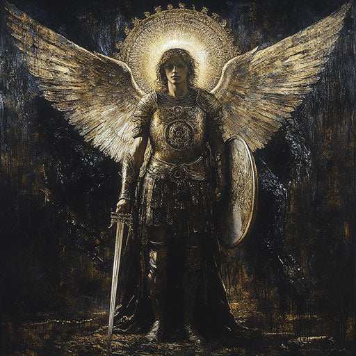 Guardian angel confronting menacing figure with sword and shield