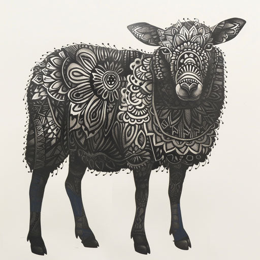 Black sheep with mandala on white canvas