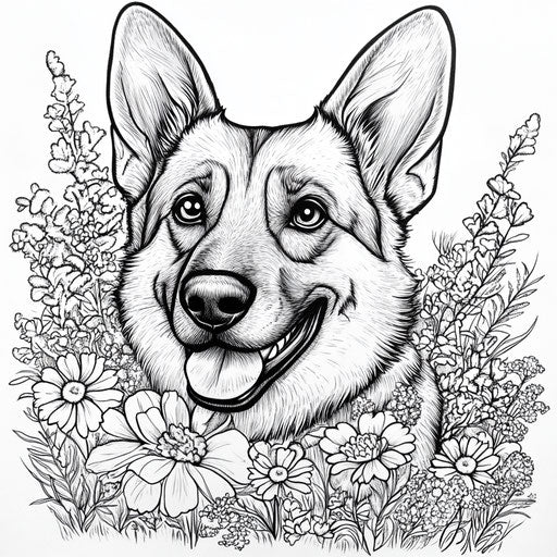 Whimsical German Shepherd, playful expressions, Mamoru Hosoda style, Coloring page
