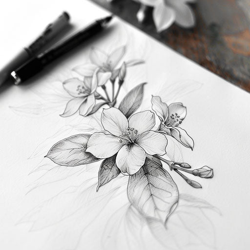 Realistic drawing of a small jasmine flower tattoo, with fine details on a white canvas.