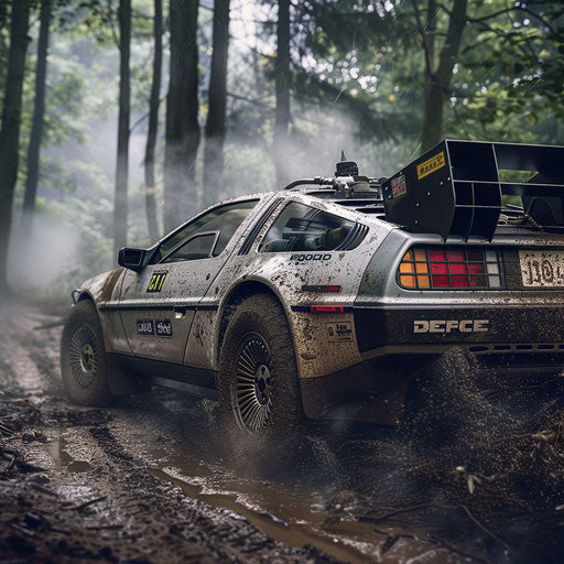 1981 rally-spec DeLorean DMC-12 racing through foggy forest