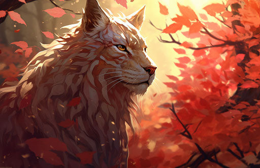 Young person lynx in forest, red gold, wavy, 17:11