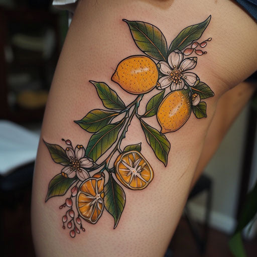 Elegant flat tattoo sketch of a lemon branch with blossoms and green leaves