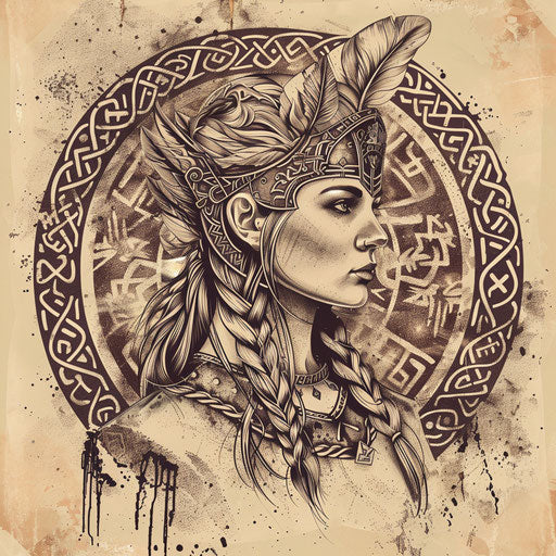 Vintage flat tattoo sketch of Freya with backdrop of medieval Nordic runes