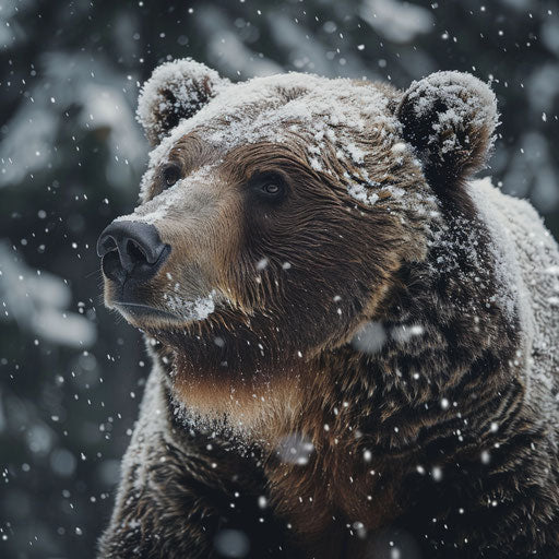 Grizzly bear in snow in serene forest clearing