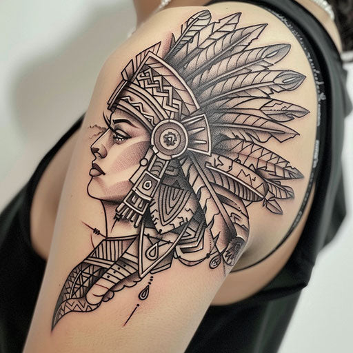 Art deco Aztec warrior tattoo on white