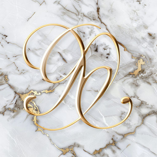 Elegant cursive script logo with marble background, gold accents