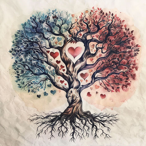 Romantic tree of life tattoo, heart-shaped leaves