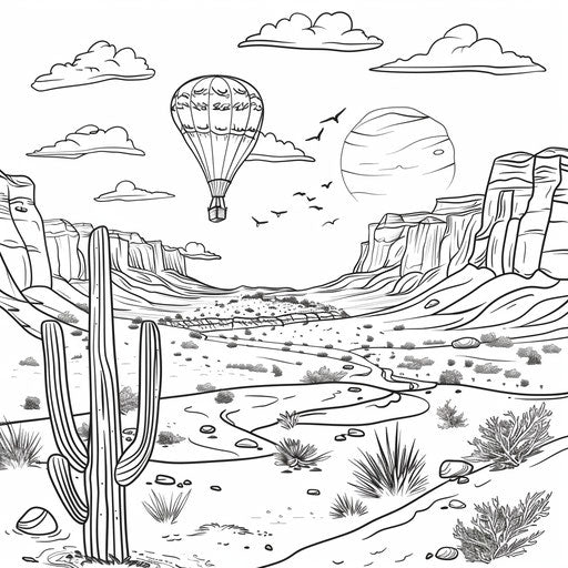 Desert with hot air balloon coloring
