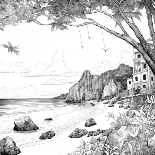 Island Beach, Detailed Coloring Page