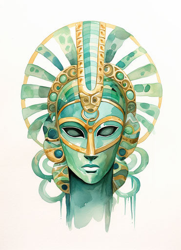 Egyptian mask in watercolor, cobra, vibrant caricatures