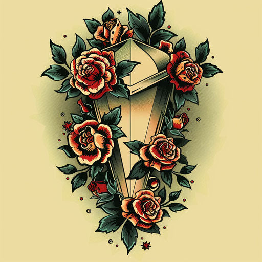 Vintage coffin tattoo sketch with roses and classic elements
