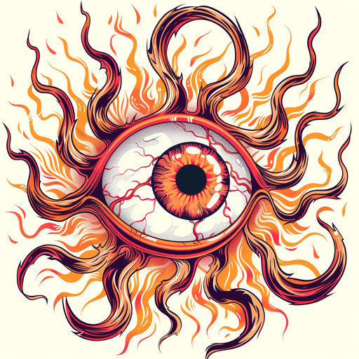 Dynamic tattoo sketch of an eyeball surrounded by flames