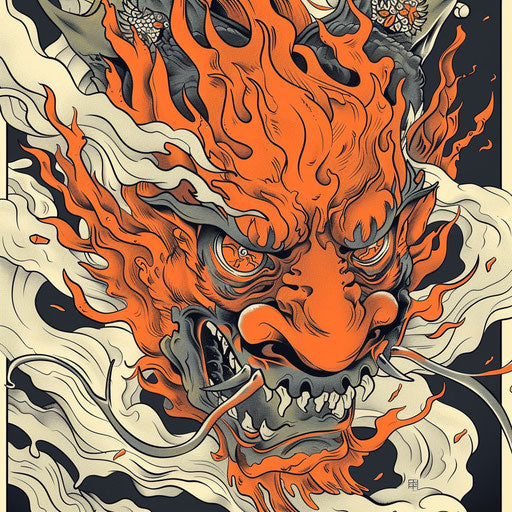 Energetic Japanese demon with flames and explosive elements