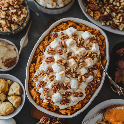 Sweet potato casserole with melted marshmallows and crunchy pecans