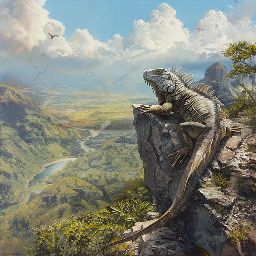 Iguana on cliff overlooking valley, spirit of exploration