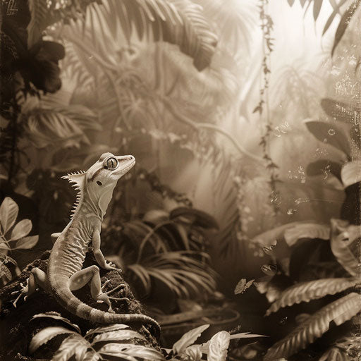 Gecko lizard in an ethereal sepia rainforest scene